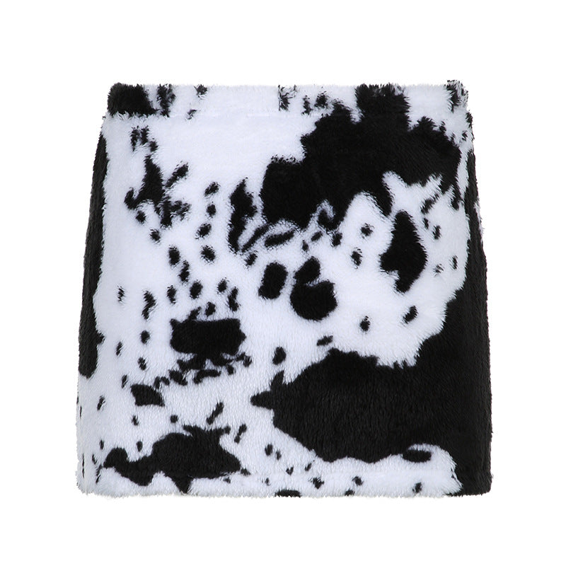 White Black Animal Pattern Print Furry Contrast Color Sheath Skirt
