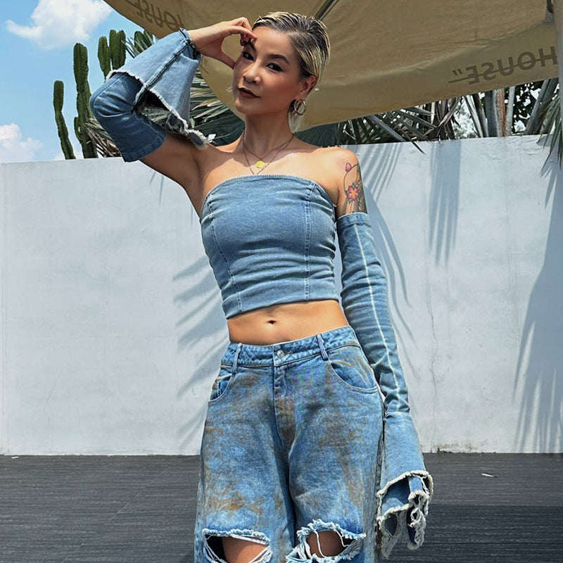 From The Top - Denim Tube Top Slim-Fit Cut-Out Crop-Top (7517948117080)