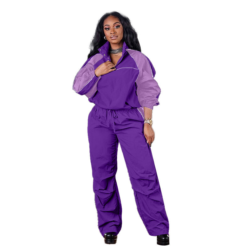 Stand-Collar Color Block - Matching Color Block Long Sleeves Windbreaker Two-Piece Set (7516863004760)