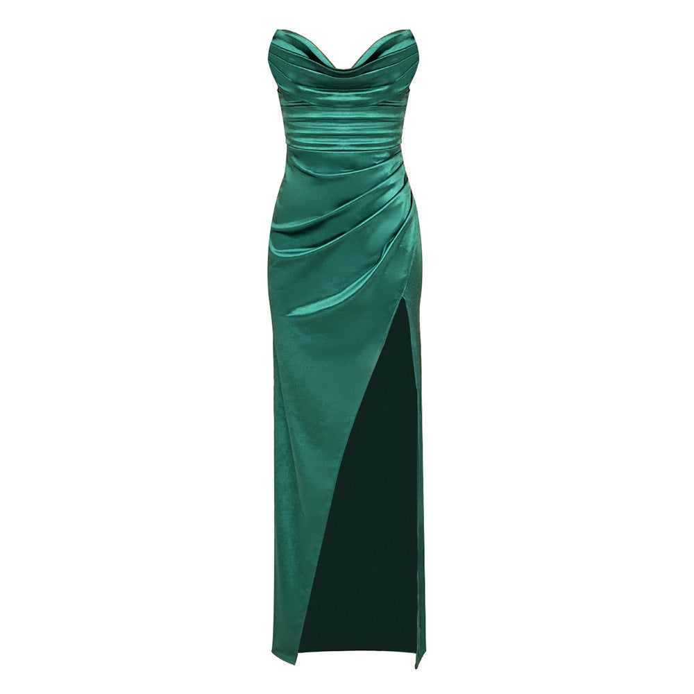 Green-Draped Tube Top Wrap Maxi Dress