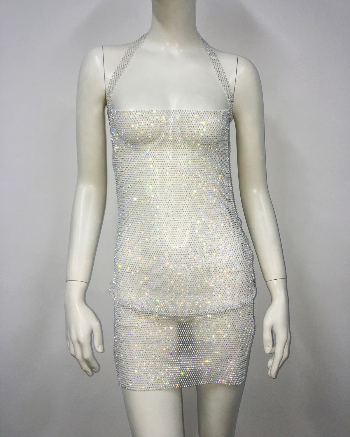 Rhinestones & Fishnet - Fishnet Rhinestone Halter Neck Slit-Tight Dress (7516659351640)