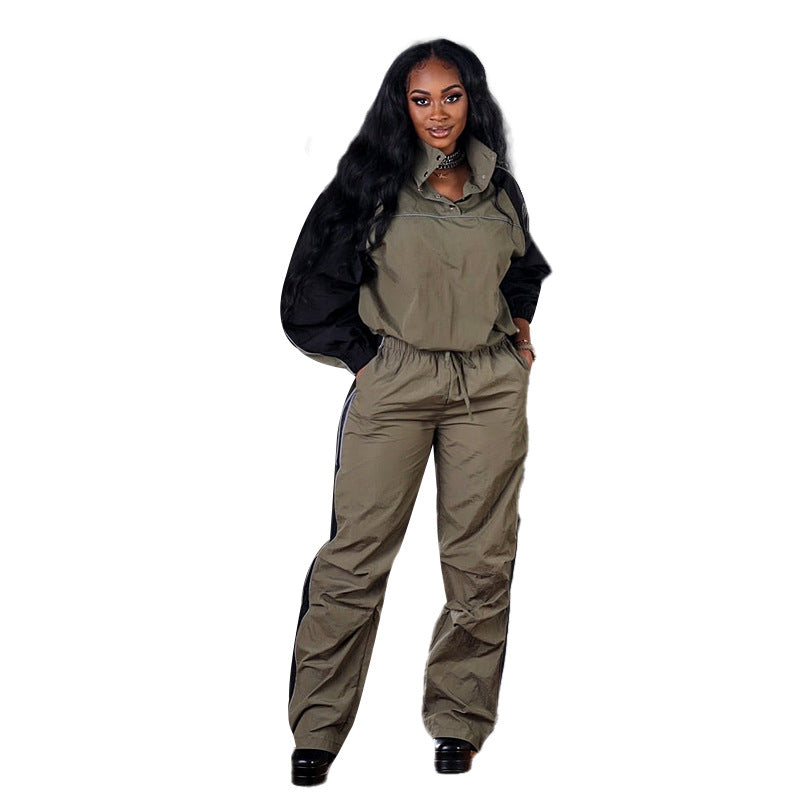 Stand-Collar Color Block - Matching Color Block Long Sleeves Windbreaker Two-Piece Set (7516863004760)