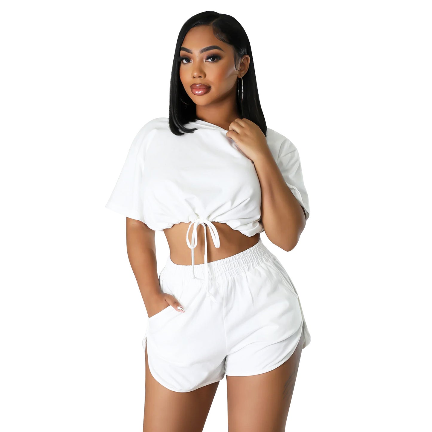 Solid Color Lace-Up Shorts & Crop-Top Two-Piece Set (7524301930584)