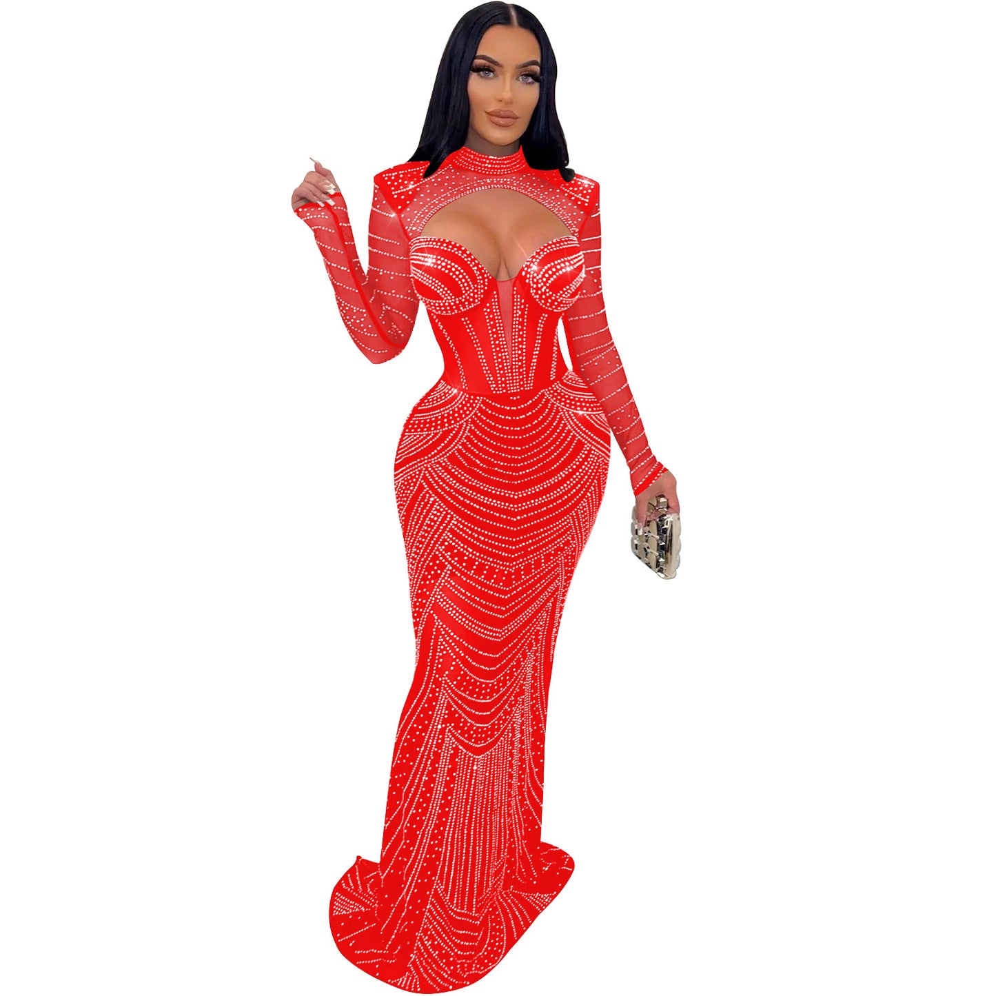 Solid Color Rhinestones Mesh Long Sleeves Maxi Dress