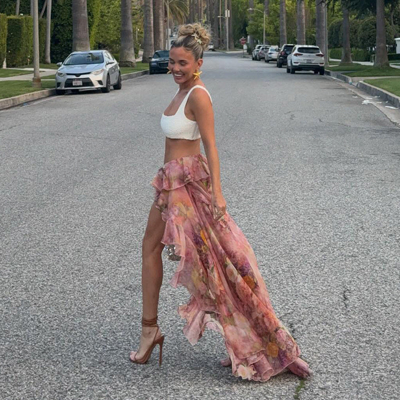 Double Layer Floral Print Irregular Asymmetric Ruffled Skirt