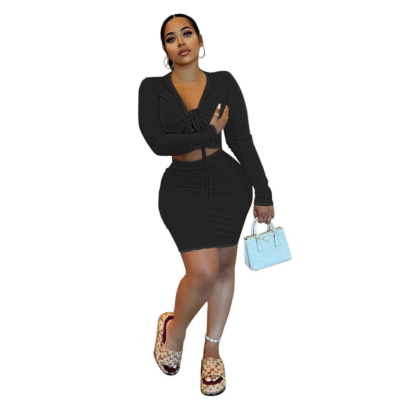 Cardigan Collared-Tied Skirt & Top Two-Piece Set