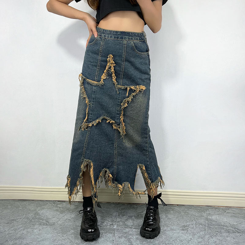 Retro High-Waist Asymmetric A-Line Star-Stitch Denim Skirt (7522342043736)