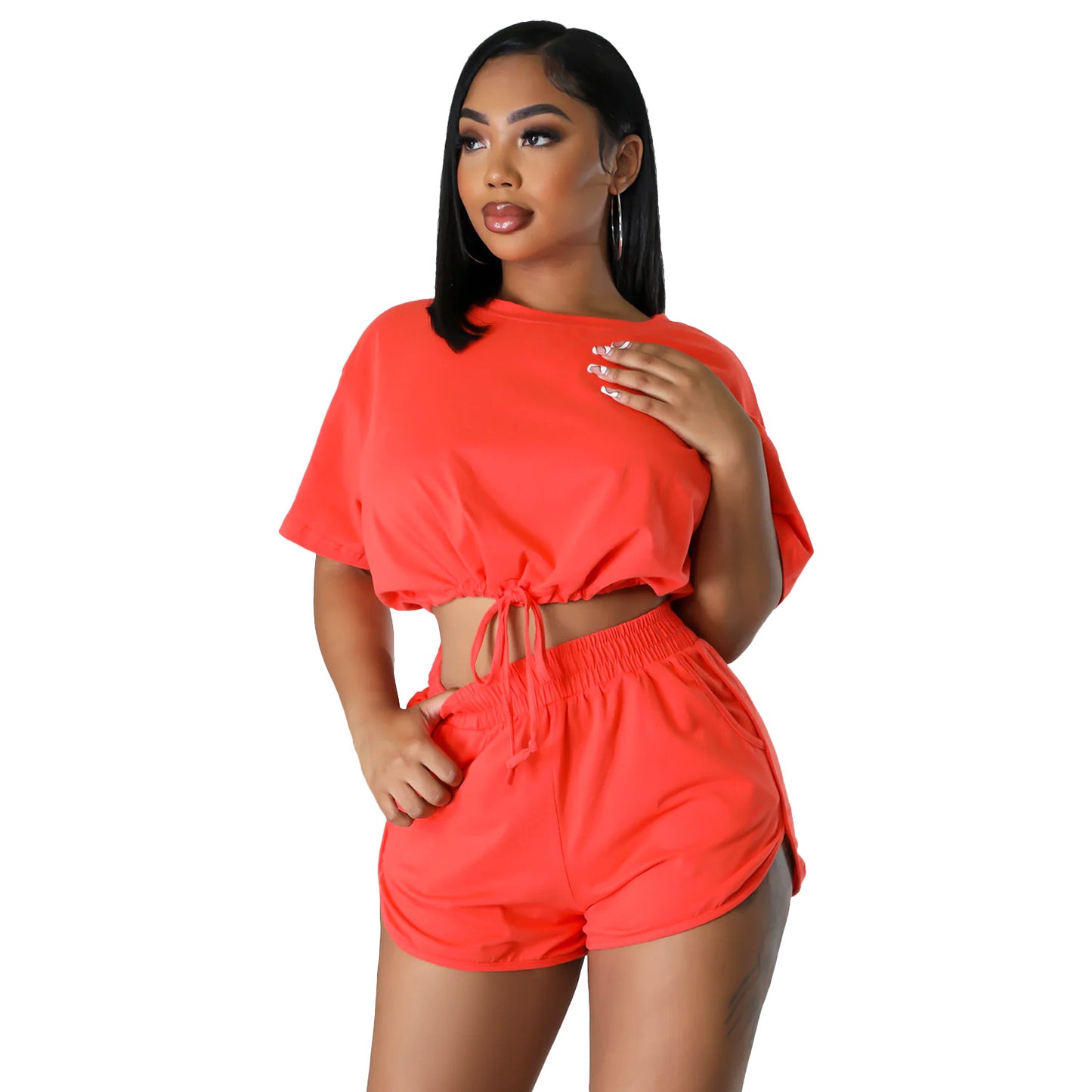 Solid Color Lace-Up Shorts & Crop-Top Two-Piece Set (7524301930584)