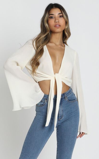 Trumpet - Chiffon Pleated Bell Sleeves Lace-Up Shirt (7518695129176)