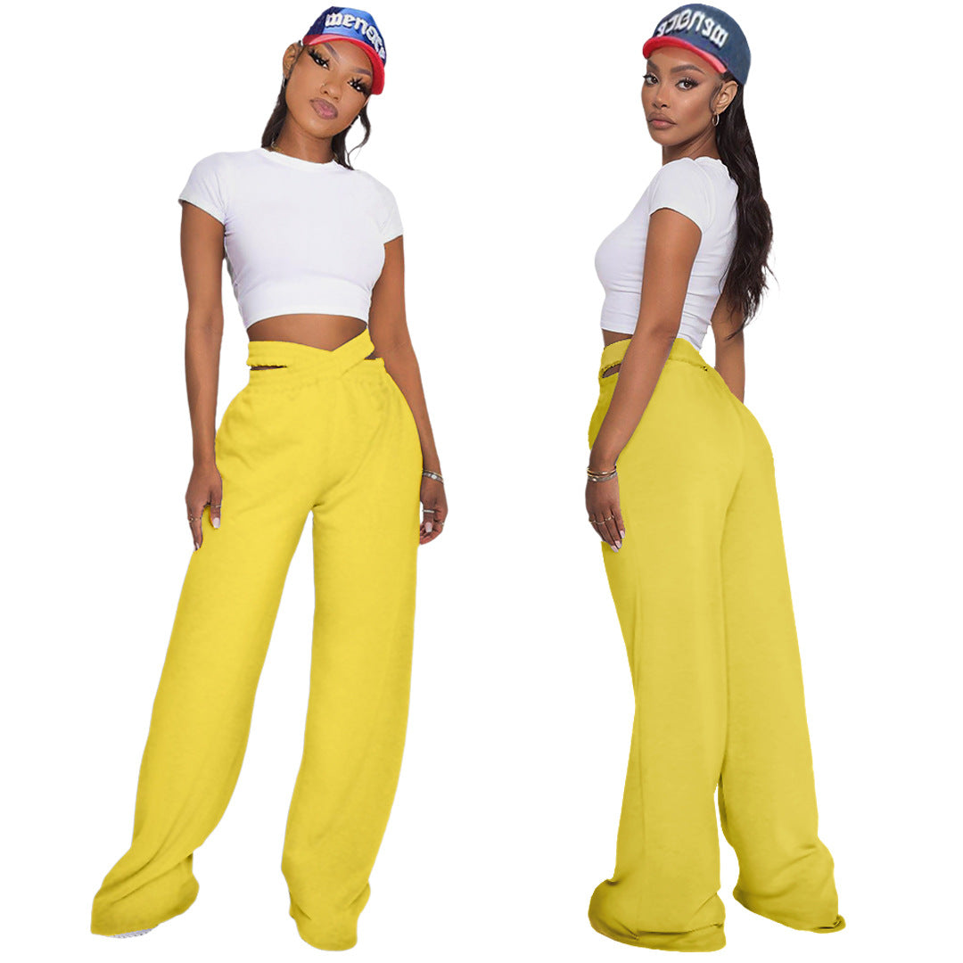 Solid Color Double-Layer Waistband Wide-Leg Pants