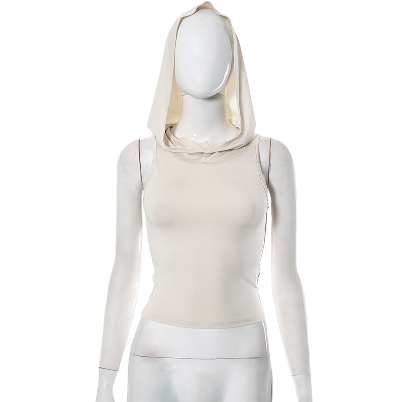 Solid Color Sleeveless Hooded Hollow-Out Cut-Out Vest Top Crop-Top