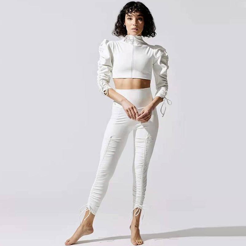 What A Set! - Bubble Sleeves Long Sleeves Zip-Up Coat Sports Pants Set (7516828729432)