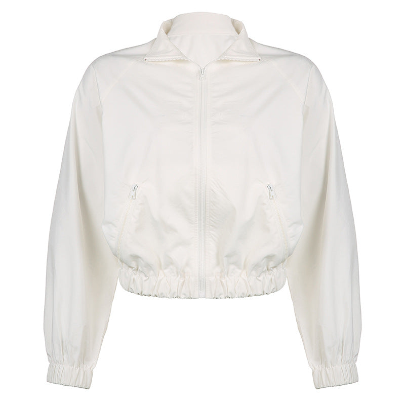 Sports Waist-Tight Turtleneck Long Sleeves Cardigan Crop-Top (7524754620504)