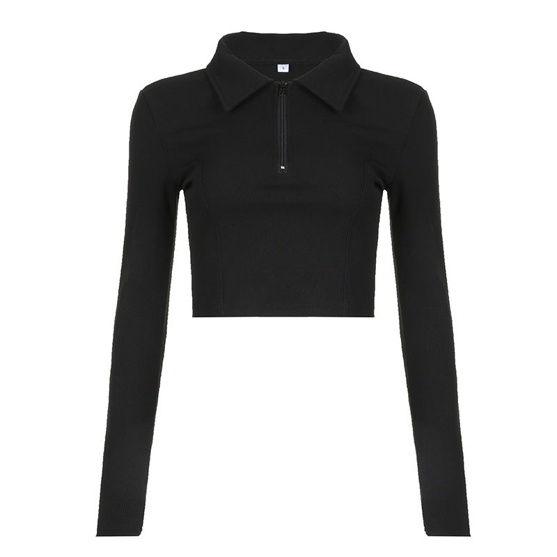 Solid Color Line Split Collared Zipper Basic Cropped Top