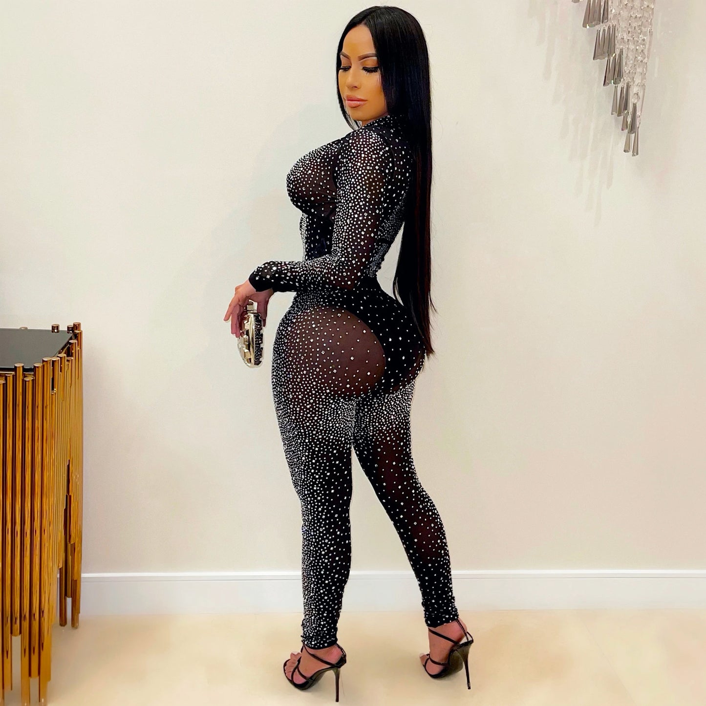 Mesh Long Sleeves Rhinestones Two-Piece Set