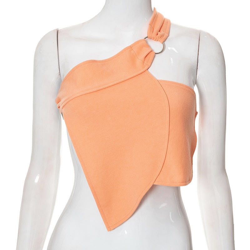 Asymmetric Solid Color Diagonal Sleeveless Lace-Up Top