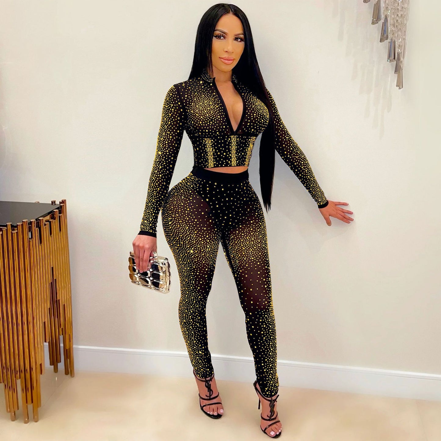 Mesh Long Sleeves Rhinestones Two-Piece Set