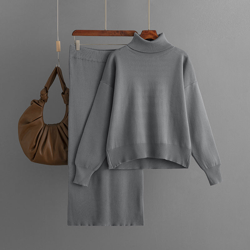 Solid Color Turtleneck Sweater & Sheath Skirt Two-Piece Set (7524297539672)