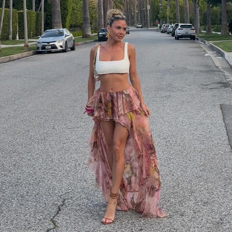 Double Layer Floral Print Irregular Asymmetric Ruffled Skirt