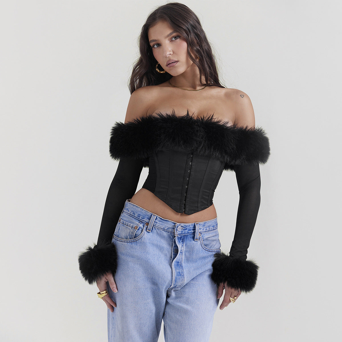 Fur Colla - Fur Collar Off-Shoulder Slim Corset Crop-Top (7516561539160)