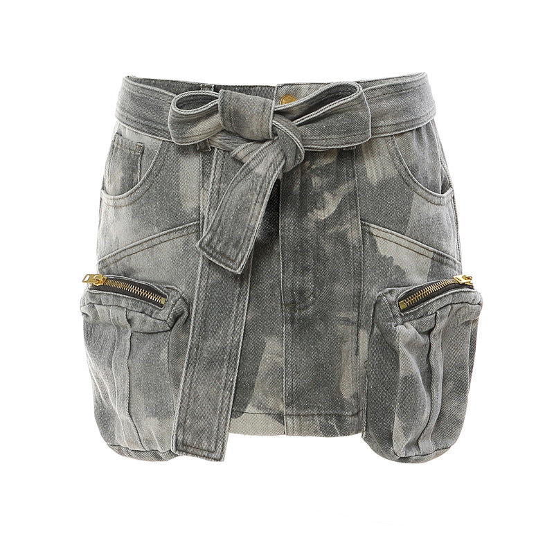 Minority Three-Dimensional Zipper Pocket Camouflage Tooling Denim Skirt