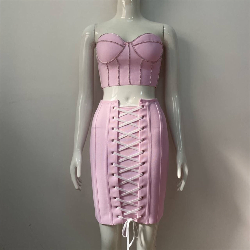 Rhinestones & Drawstrings - Tight Knitted Bandage Tube Top & Skirt Two-Piece Set (7524302094424)