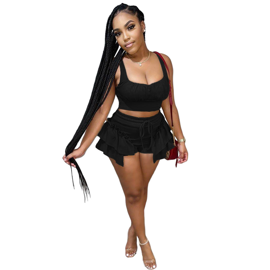 Solid Color Selvedge Top & Shorts Two-Piece Set