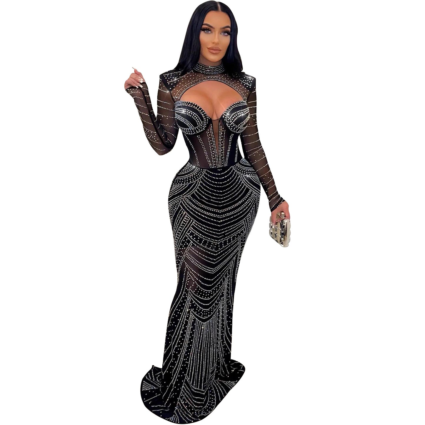Solid Color Rhinestones Mesh Long Sleeves Maxi Dress