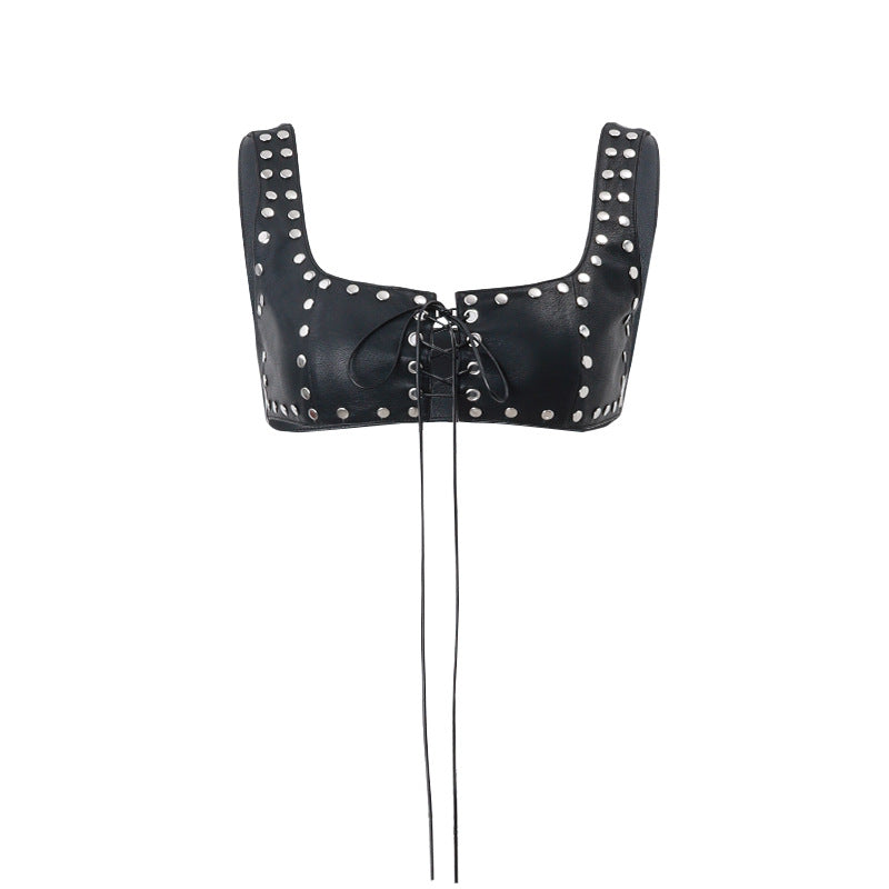 Faux Leather Cardigan Lace-Up Cropped Top