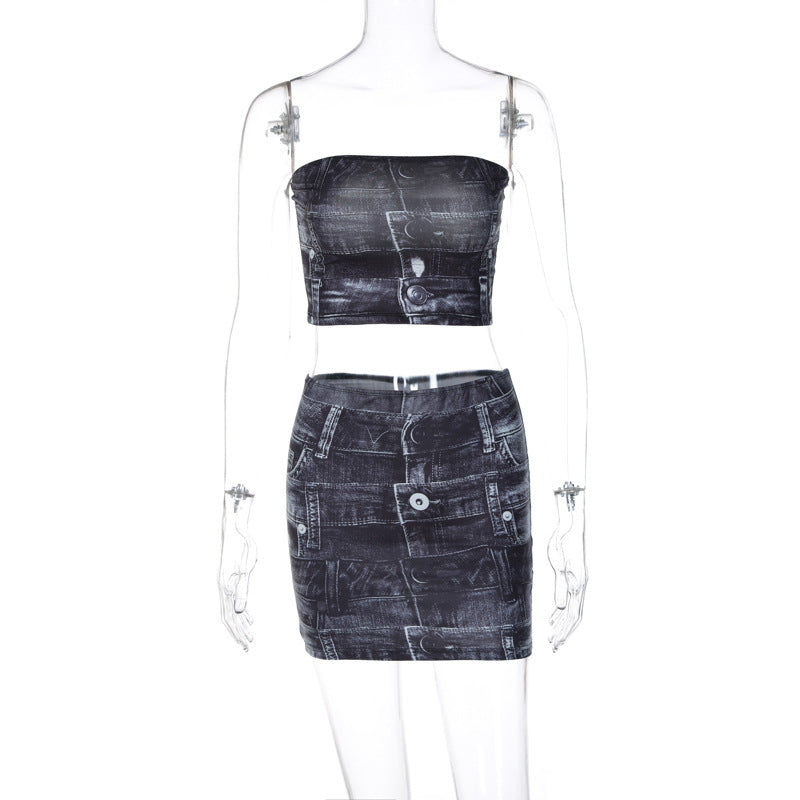 Polyester Printed Denim - Cropped Tube-Top & Slim-Fit Skirt Set (7517938745432)