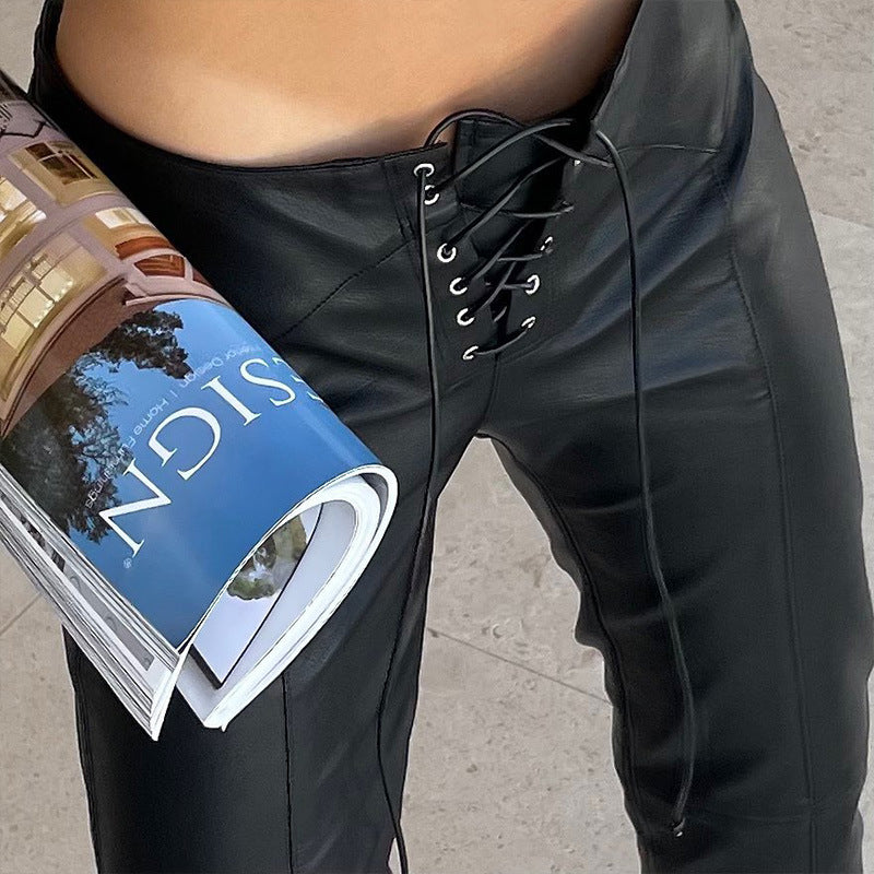 Faux-Leather Low-Waist Lace-Up Pants (7524749803608)
