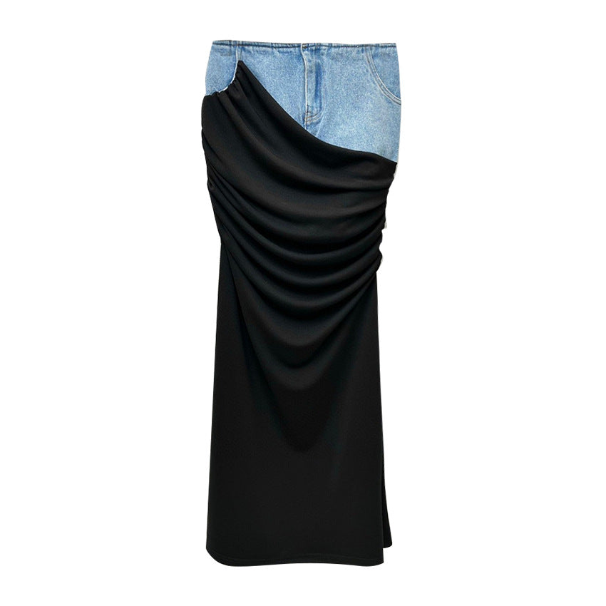 Modern High-Waist Solid Color Spandex & Denim Skirt (7522338603096)