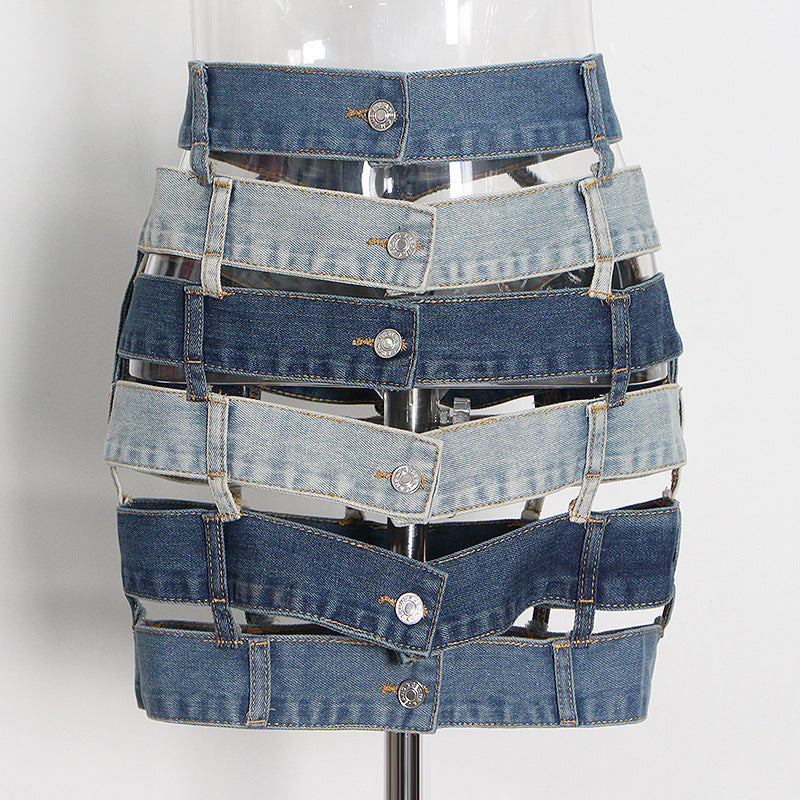 Much Denim - Color Contrast Patchwork Hollow Out Cut-Out Buckle Tools Short Skirt (7519198609496)