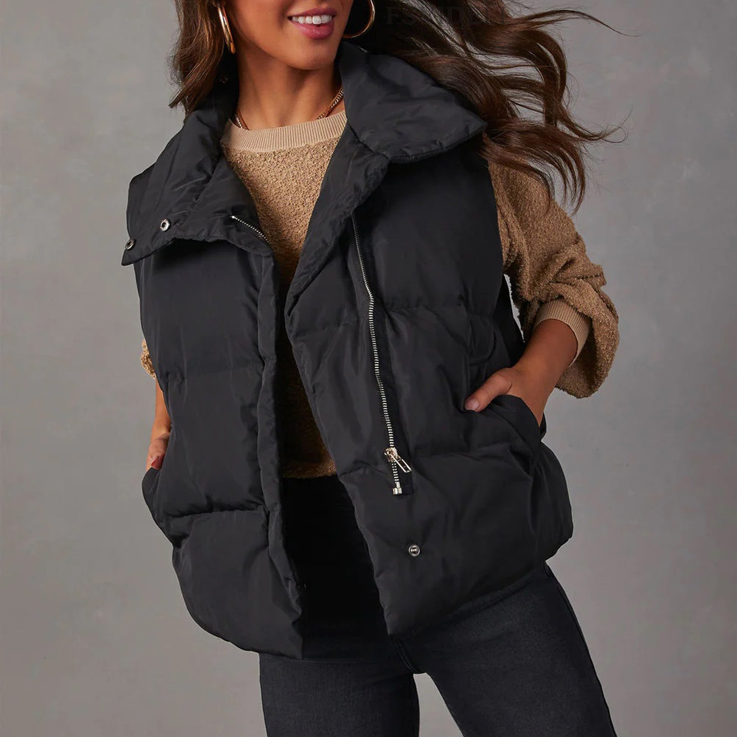 Solid Color Sleeveless Padded Jacket Vest