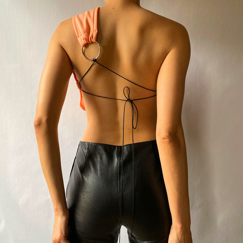 Asymmetric Solid Color Diagonal Sleeveless Lace-Up Top