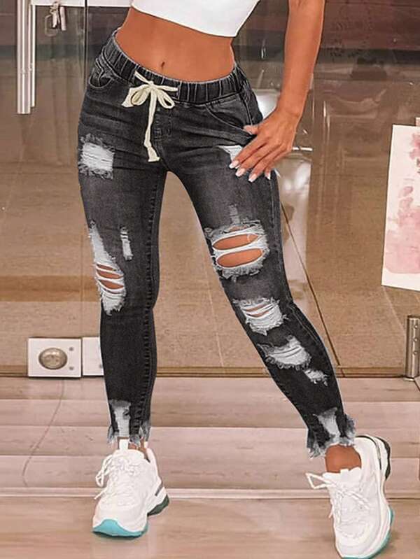 Distressed-Washed High-Waist Denim Jeans Drawstrings Pants