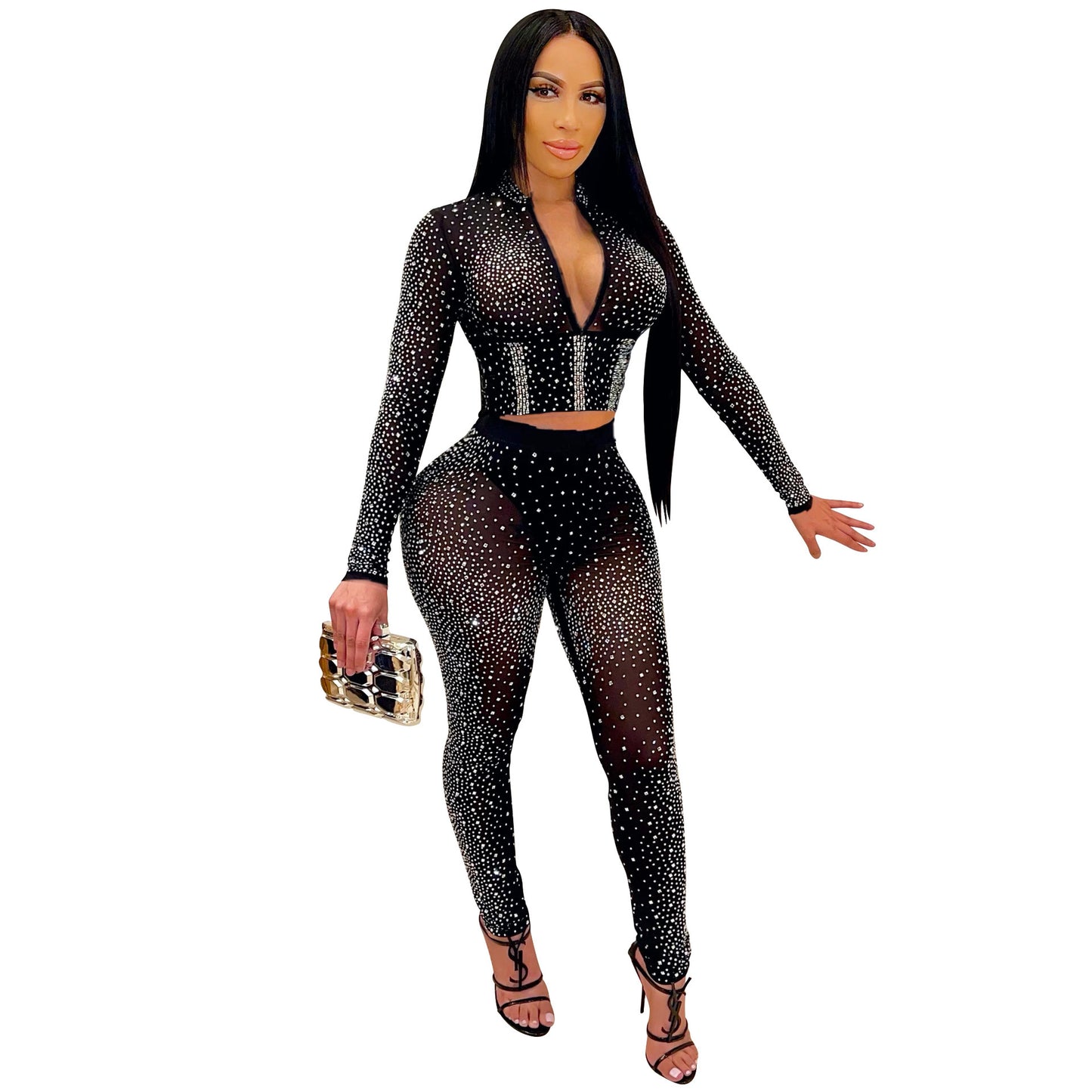 Mesh Long Sleeves Rhinestones Two-Piece Set