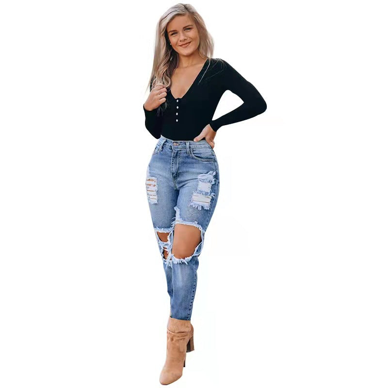 Urban Distressed Dark-Washed Mid-Waist Denim Jeans