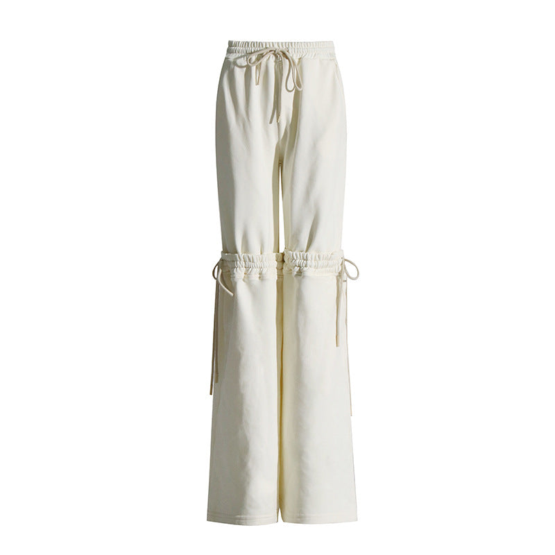 Solid Color High-Waist Drawstrings Stitching-Tied Pants (7524750000216)