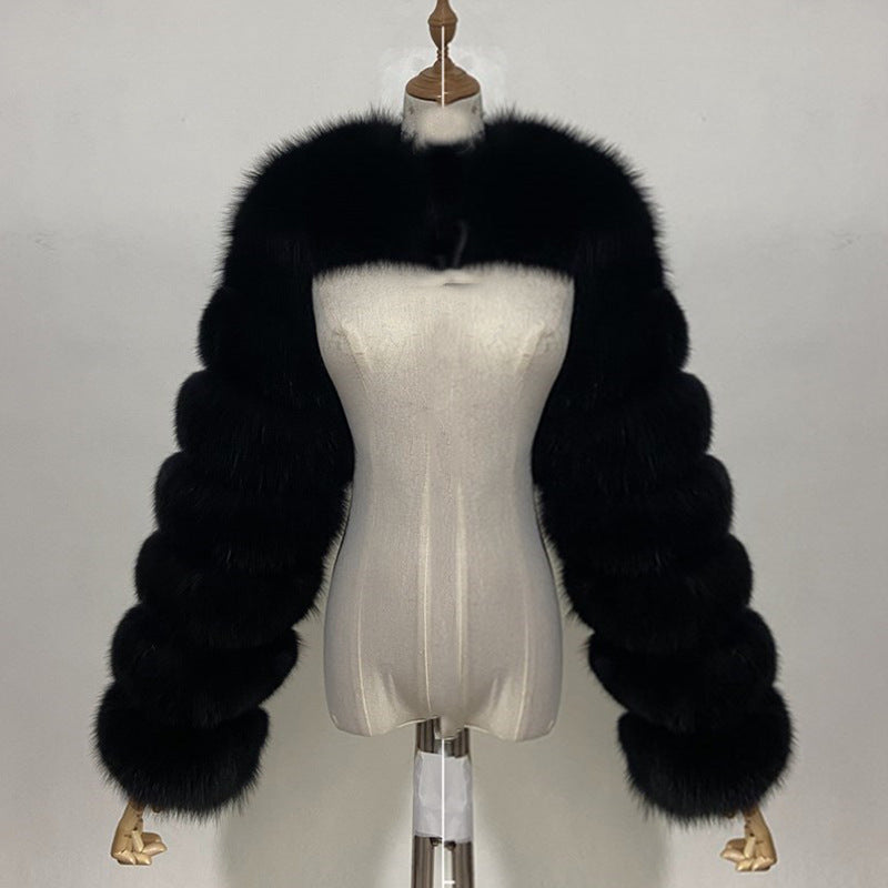 Crop-Top Long Sleeves Spliced Fur Coat