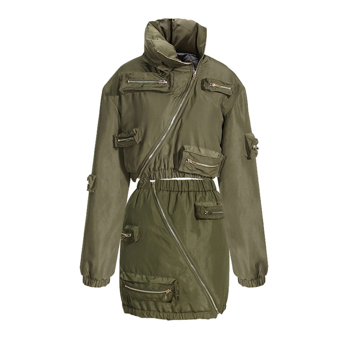 Zipper-Pockets Tooling Skirt & Jacket Two-Piece Set