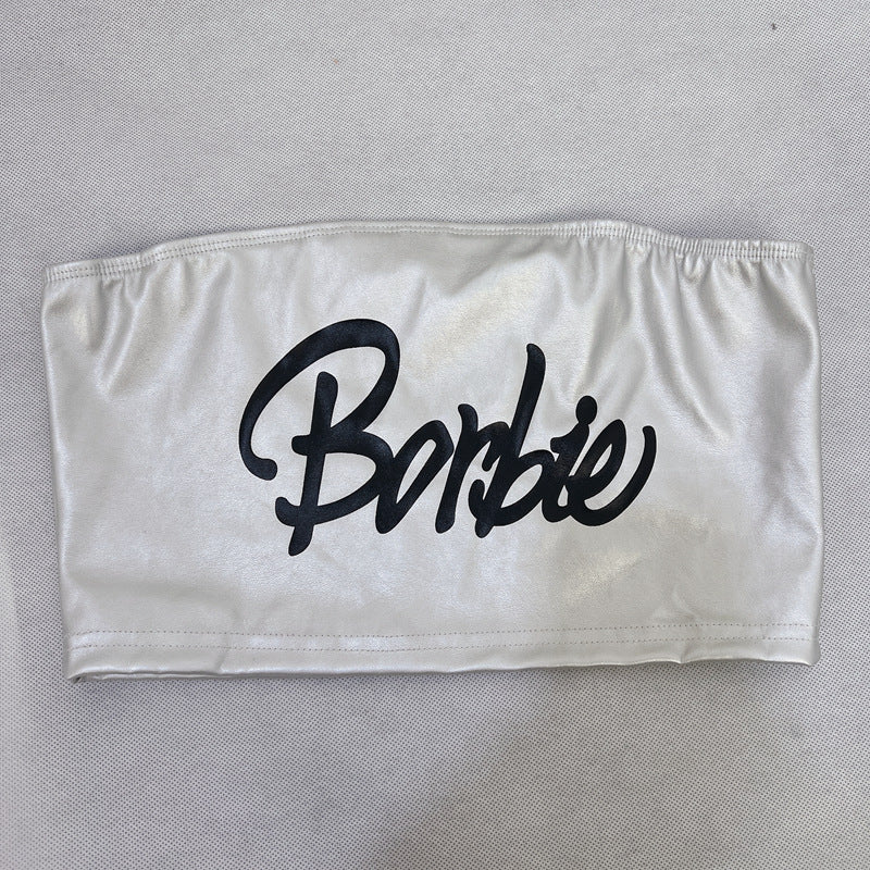 Borbie Barbie Faux Leather Printed Off-Shoulders Bandeau Top (7517938155608)