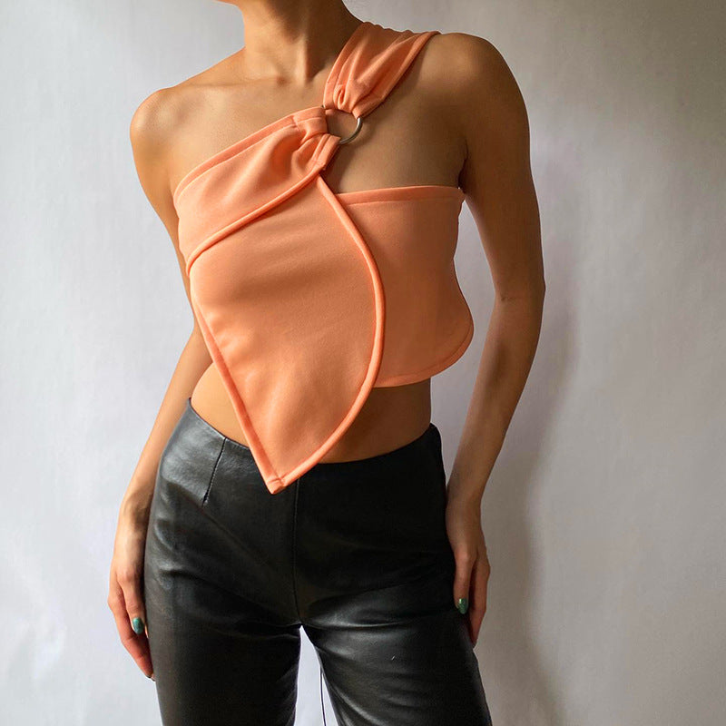 Asymmetric Solid Color Diagonal Sleeveless Lace-Up Top