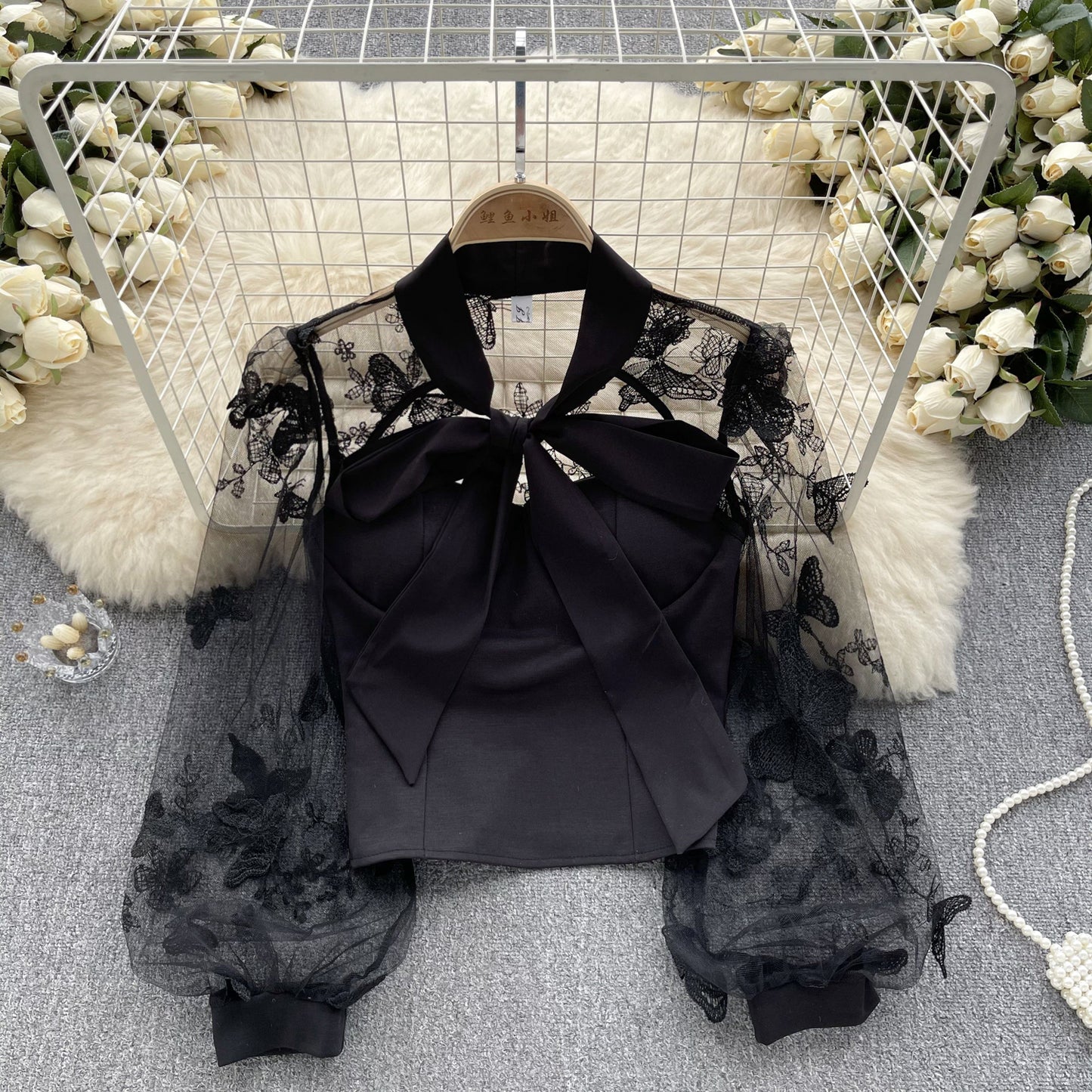 French Bow - Embroidered Mesh Puff Sleeves Top (7518694670424)
