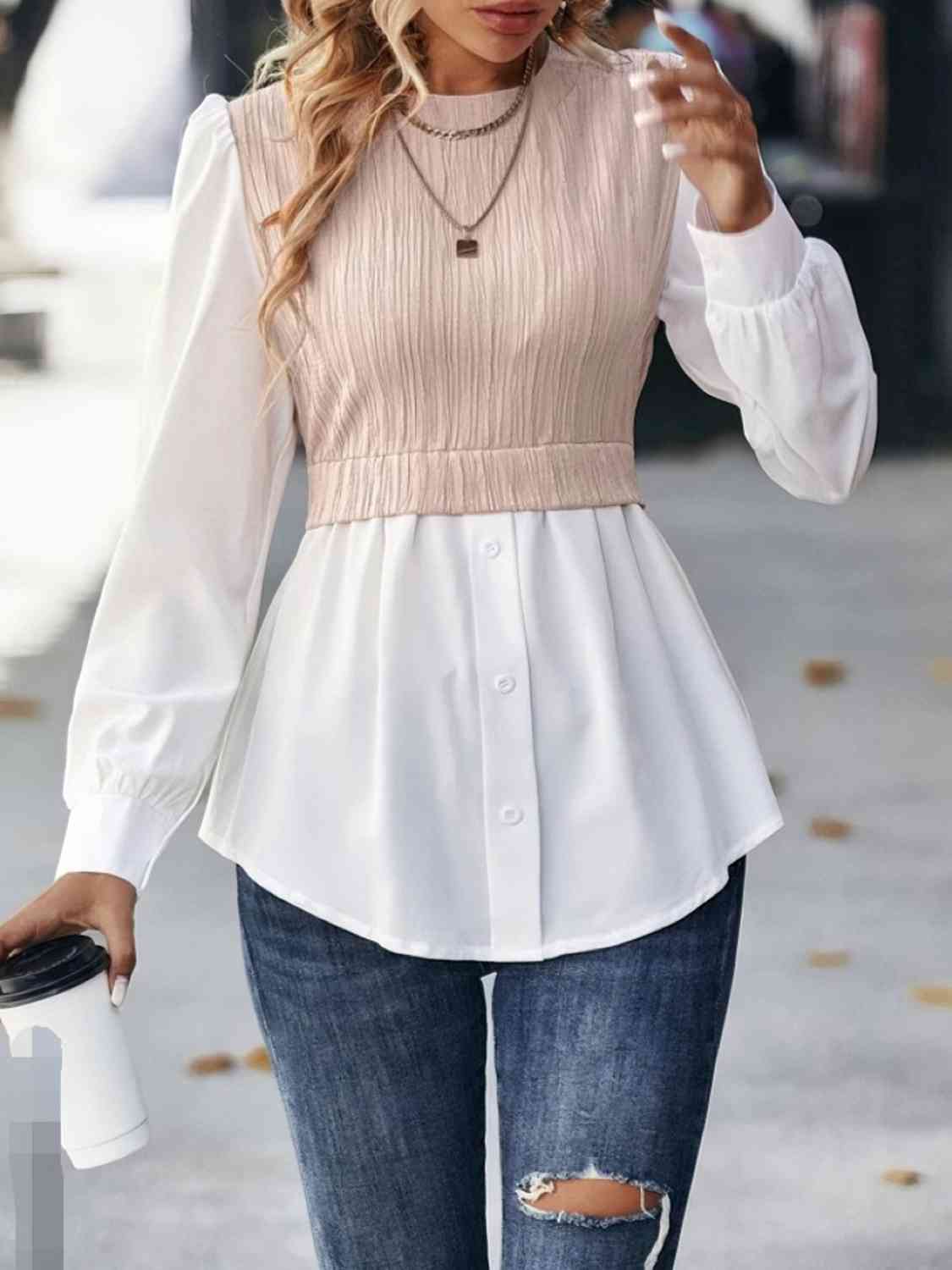 Blouse Like That - Contrast Round Neck Puff Sleeve Blouse (7501314064472)