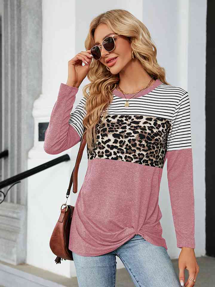 Leopardcheetahprint - Color Block Round Neck Long Sleeve Blouse (7501317439576)
