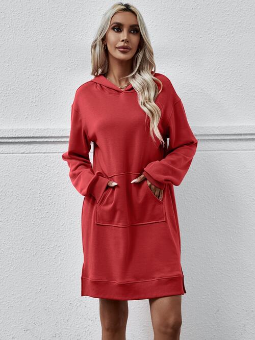 Long Long Sleeves - Slit Hooded Dress With Pocket (7505547559000)
