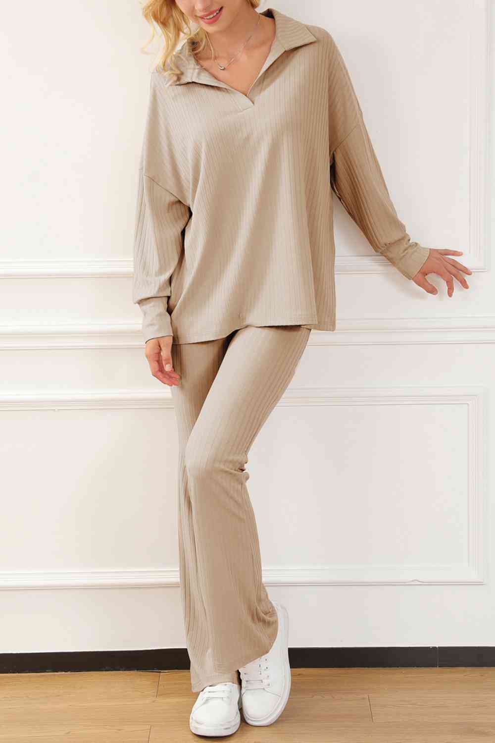 Pro Set - Collared Neck Drop Shoulder Top and Pants Set (7484241739864)