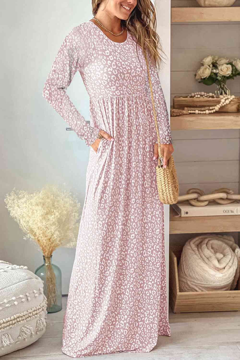 Leopard Round-Neck Long Sleeves Maxi Dress (7515536588888)