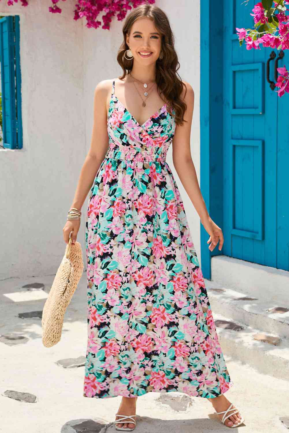 I'm Just A Dress - Floral Spaghetti-Strap Surplice Neck Maxi Dress (7515558019160)